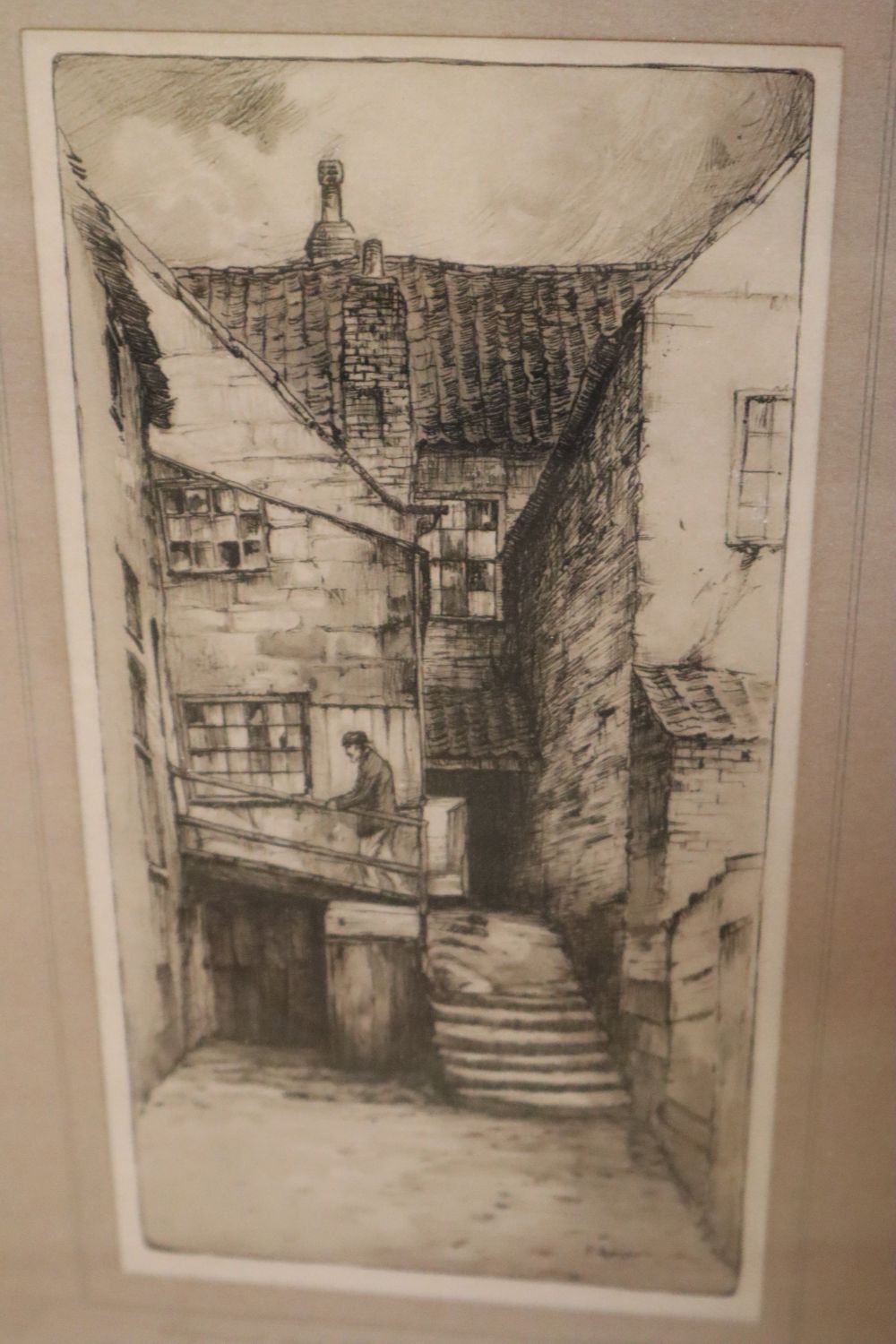 Garmen Morrish, watercolour, Whitby, 38 x 13cm and an etching by F. Robson, 26 x 13cm